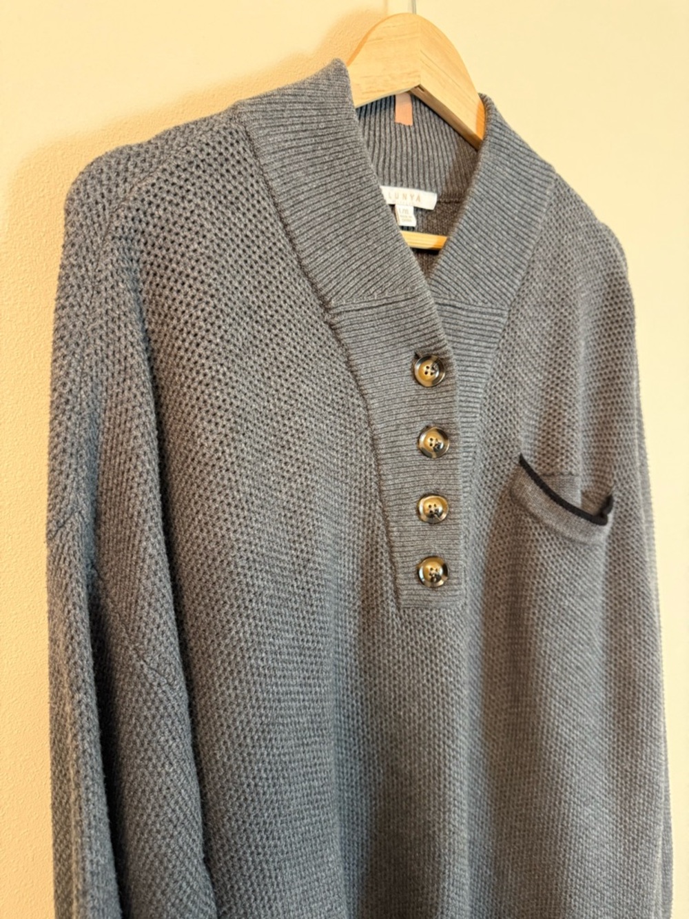 Lunya Cozy Cotton Silk Henley Sweater Gray Waffle Knit Oversized L XL NWOT - Picture 4 of 8
